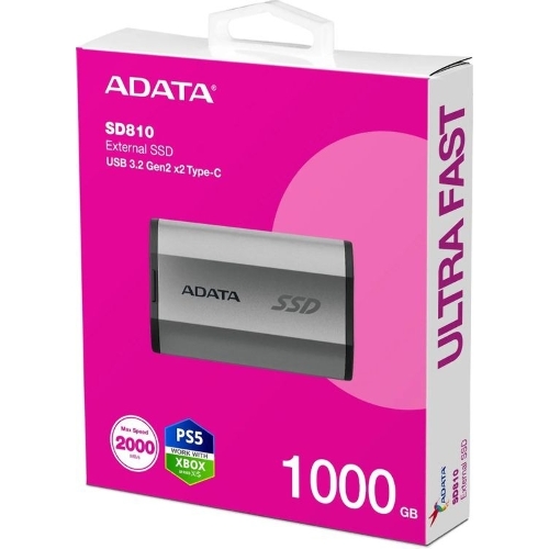 Внешний SSD ADATA SD810, 1TB, USB 3.2 Gen 2x2 Type-C, R/W 2000/2000, серебристый