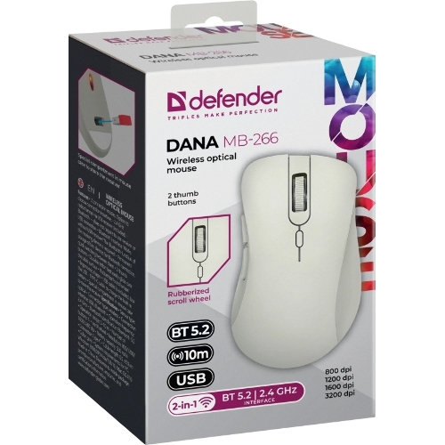 Мышь беспроводная Defender Dana MB-266 светло-серый, 3200 dpi, радиоканал, Bluetooth, USB, кнопки - 6