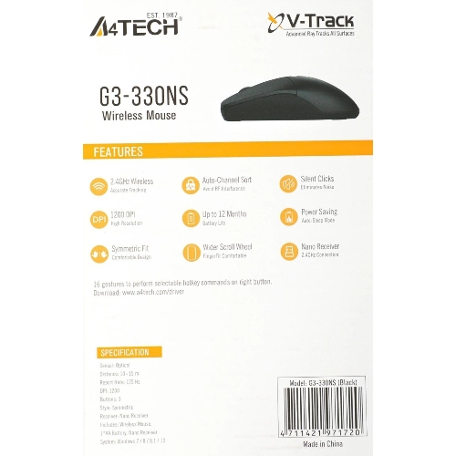 Мышь беспроводная A4Tech G3-330NS черный, 1200 dpi, радиоканал, USB, кнопки - 3