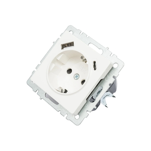 Розетка 1-местная IEK BRITE РЮш11-1-БрБ (BR-R14-16-U22-018-K01) с заземлением, с защитными шторками, 16А, с USB A+C 18 Вт, белый