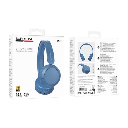 Беспроводные/проводные наушники Borofone BO37 синий, накладные, Bluetooth + проводной, складная конструкция, микрофон, до 25 ч