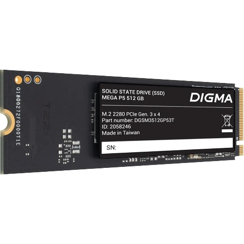 Накопитель SSD Digma Mega P5 DGSM3512GP53T, 512Gb, PCIe 3.0 x4, M.2 2280, NVMe, R/W 2900/2000