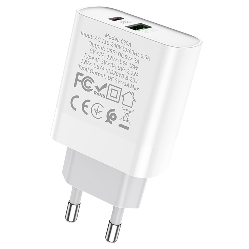 Сетевое зарядное устройство HOCO C80A Rapido 1xUSB + 1xUSB-C, 3.1A, 20W, белый