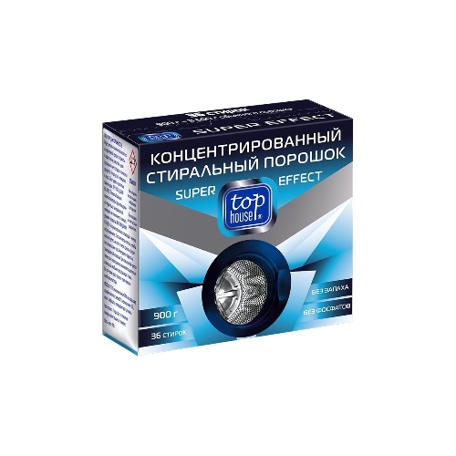 Концентрированный стиральный порошок Super effect, 0,9 кг специально разработан для стирки белых и цветных изделий из хлопчато- бумажных, льняных, синтетических и смесовых тканей. Подходит для всех типов стиральных машин и ручной стирки при температуре от 30 до 90 °С. Содержит комплекс энзимов и активный кислород, хорошо выполаскивается. Произведен без фосфатов и отдушек, безопасен для септиков.