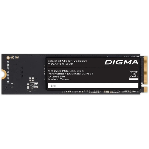 Накопитель SSD Digma Mega P5 DGSM3512GP53T, 512Gb, PCIe 3.0 x4, M.2 2280, NVMe, R/W 2900/2000