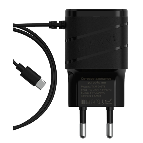 Сетевое зарядное устройство Maxvi TCM-202TB, 2xUSB, 5V, 2A, Type-C