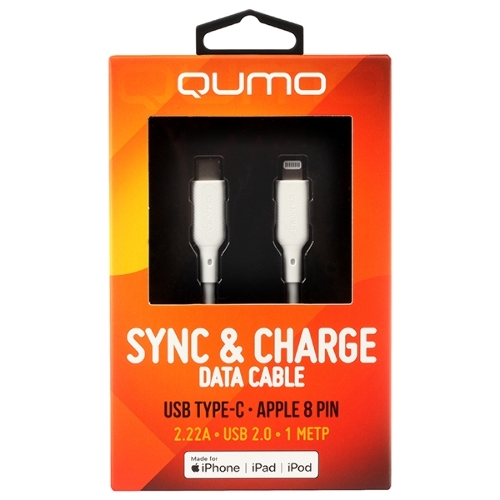Кабель QUMO, MFI С94, Type-C на MFI Apple 8 pin, силиконовый, 1м, 2,22A, 9V, 20W, PD (белый)