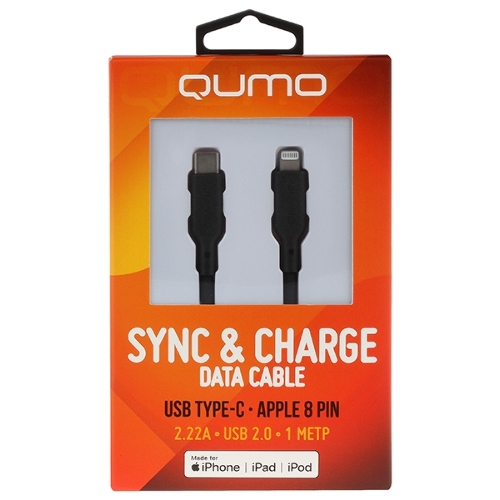 Кабель QUMO, MFI С94, Type-C на MFI Apple 8 pin, силиконовый, 1м, 2,22A, 9V, 20W, PD черный