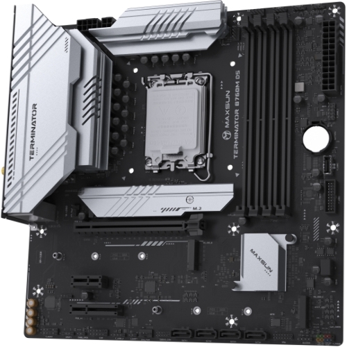 Материнская плата Maxsun Terminator B760M D5 WIFI, LGA 1700, Intel B760, 4xDDR5, 4xSATA, 3xM.2, 1xPCIe 5.0 x16, 1xPCIe x4, 1xPCIe x1, 1xHDMI, 1xDP, 1x 2.5Gb LAN, 6xUSB 2.0, 2xUSB 3.2 Gen 2, 3x3.5 мм, 5.1, mATX