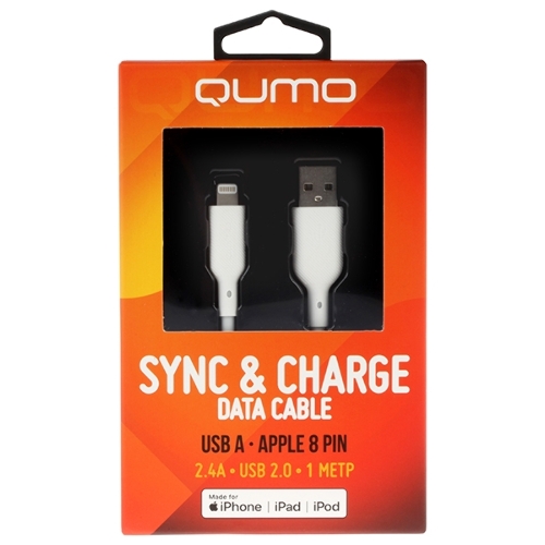 Кабель QUMO, MFI С48, USB-A на Apple 8 pin, силиконовый, 1м, 2,4A, 5V, 12W (белый)