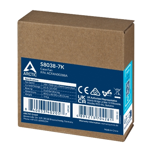 Вентилятор для корпуса Arctic S8038-7K черный, 80 мм, 7000 об/мин, 22.5 дБ, 4 pin