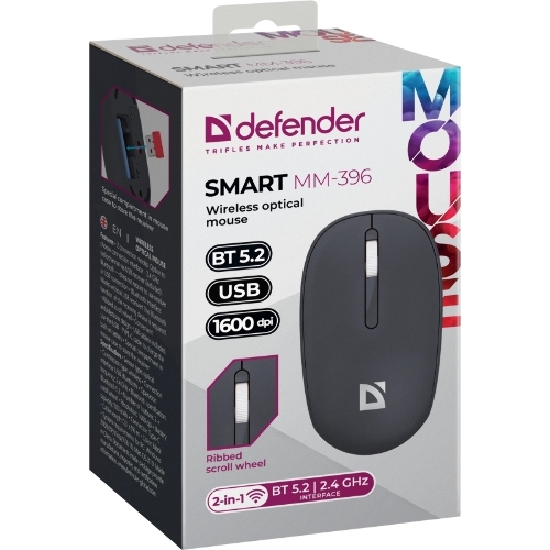 Мышь беспроводная Defender Smart MM-396 черный, 1600 dpi, радиоканал, Bluetooth, USB, кнопки - 3
