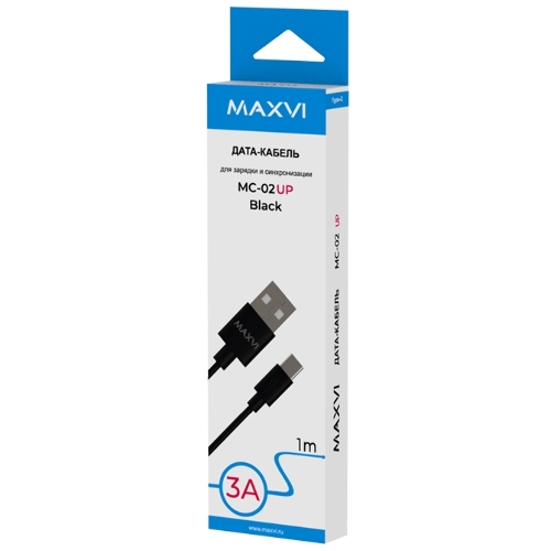 Кабель Maxvi MC-02 UP black USB-A - Type-C, 3A ток макс. нагрузки 3А, макс. напряжение 5V, длина кабеля 1м, материал PVC, черный