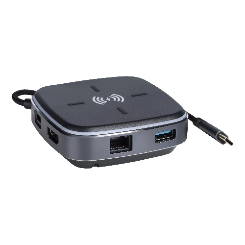 Многофункциональная док-станция Intrend ITACS-9W Type-C с беспроводной зарядкой 3 встроенных высокоскоростных USB 3.0, встроенный высокоскоростной TF и SD карт ридер, разъем RJ-45 для подключения к локальной сети HDMI 4K/30Hz, 60W Power Delivery порт,