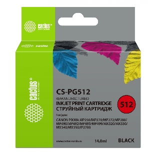 Картридж струйный Cactus CS-PG512 черный (14 мл) для Canon Pixma iP2700/MP240/MP250/MP260/MP270/MP272/MP280/MP480/MP490/MP492/MP495/MX320/MX330/MX340/MX350