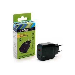 Сетевое зарядное устройство Ergolux ELX-РA01QC-C02 1USB+1Type C 100-220В 5-9В/3А QC коробка черный Ergolux