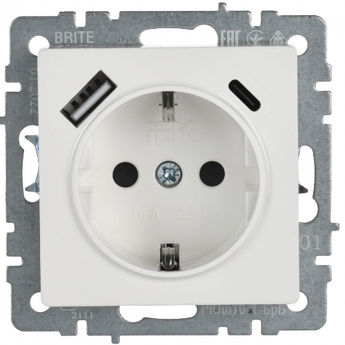 Розетка 1-местная IEK BRITE РЮш11-1-БрБ (BR-R14-16-U22-018-K01) с заземлением, с защитными шторками, 16А, с USB A+C 18 Вт, белый