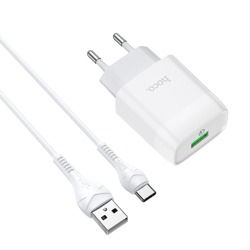 Зарядное устройство Hoco 18Вт, 3А, QC3.0, 1xUSB + кабель USB/Type-C, C72Q, белый, блистер
