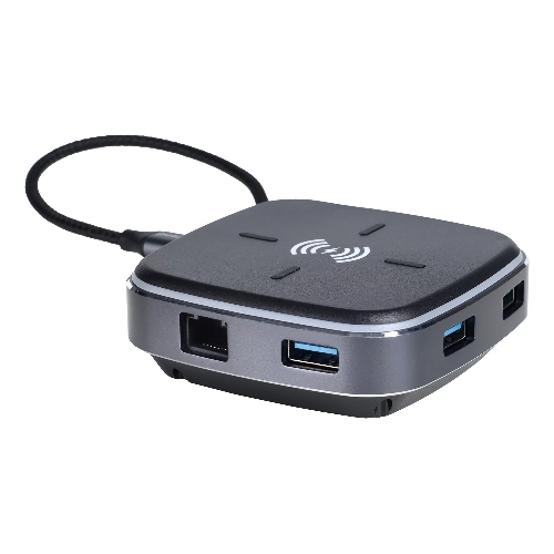 Многофункциональная док-станция Intrend ITACS-9W Type-C с беспроводной зарядкой 3 встроенных высокоскоростных USB 3.0, встроенный высокоскоростной TF и SD карт ридер, разъем RJ-45 для подключения к локальной сети HDMI 4K/30Hz, 60W Power Delivery порт,