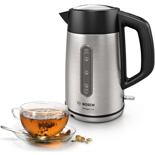 Чайник электрический Bosch TWK4P440 1.7 л, 2400 Вт, нержавеющая сталь/черный (корпус: нержавеющая сталь)
