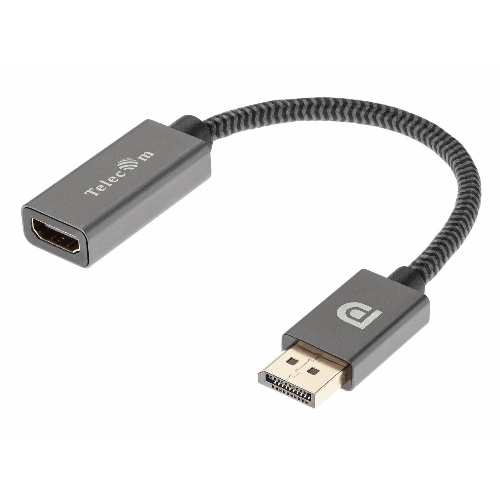 Кабель-переходник DP --> HDMI-F 0.2m, серый металлик, оплетка, 4K@60Hz, Telecom (TA560)