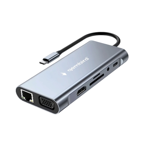 Док-станция Gembird UHB-D4, USB Type-C PD87W, USB, Jack 3.5, SD/TF, HDMI, RJ45, VGA, USB