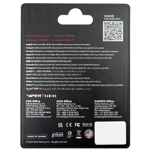 Накопитель SSD Patriot VP4000 Mini, 1Tb, PCIe 4.0 x4, M.2 2230, NVMe, R/W 5000/3500, с радиатором