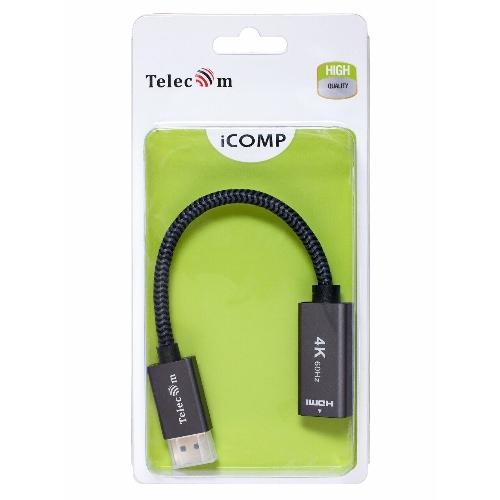 Кабель-переходник DP --> HDMI-F 0.2m, серый металлик, оплетка, 4K@60Hz, Telecom (TA560)