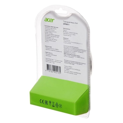 Мышь проводная Acer OMW011 черный/синий, 1200 dpi, USB, кнопки - 3