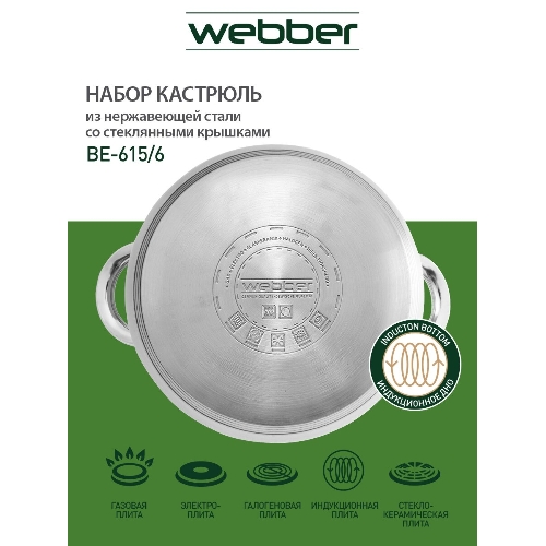 Набор посуды WEBBER BE-615/6 из нерж.стали 6 пр. 2,9 л, 5,1 л, 6,6 л со стеклянными крышками В наборе 6 предметов: кастрюля со стеклянной крышкой 18х11,5 см; 2,9 л кастрюля со стеклянной крышкой 22х13,5 см; 5,1 л кастрюля со стеклянной крышкой 24х14,5 см; 6,6 л Толщина стали 0,5 мм