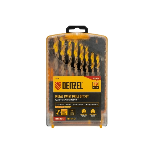 Набор сверл по металлу Denzel 1-10 мм, Р6М5К8-TiN, Golden Tip, 19 шт