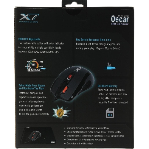 Мышь проводная + коврик A4Tech X-7120 черный, 2000 dpi, USB, кнопки - 7