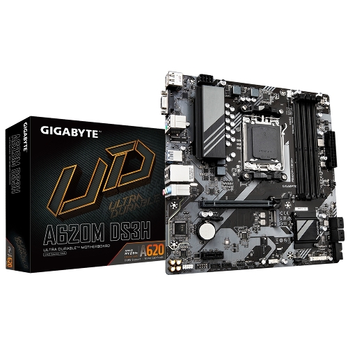 Материнская плата Gigabyte A620M DS3H, mATX, AM5, AMD A620, 4xDDR5, 4xSATA, 1xM.2, 1xPCI-E 4.0 x16, 1xPCI-E x1, 1xHDMI, 1xDP, 1xVGA, 1x 1Gb LAN, 1xUSB 3.2 Gen 1, 4xUSB 2.0, 3x3.5мм, 7.1, ATX