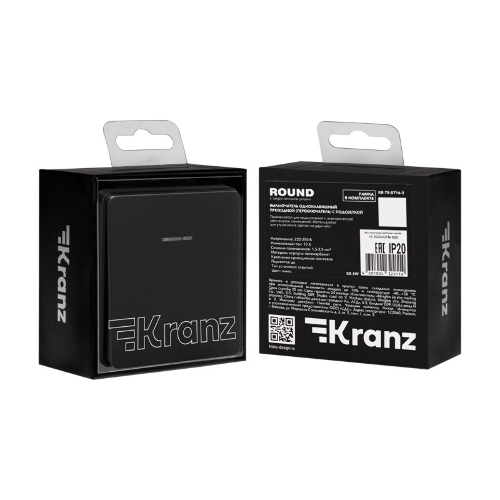 Выключатель Kranz ROUND 1 кл проходной (переключатель) с подсветкой 10А с/у оникс