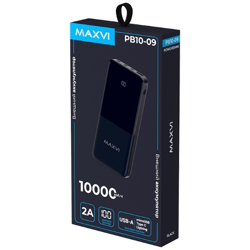 Портативный аккумулятор Maxvi PB10-09 10000 мАч, 2A USB + кабели: Type-C/Lightning/MicroUSB