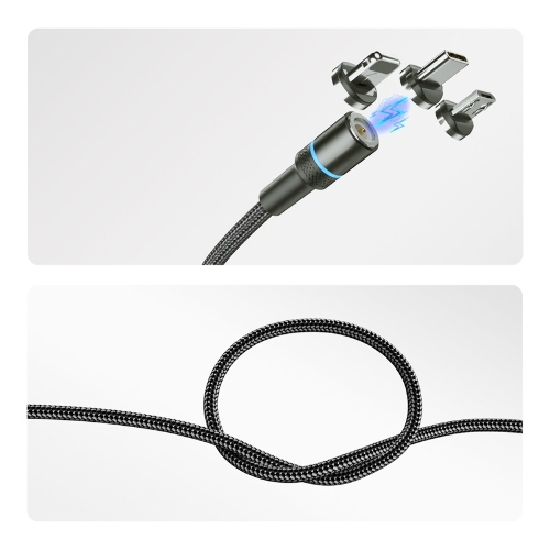 Кабель USB Rexant 3в1 со съемными магнитными портами, Type-С (2A), Lightning (2,4A), Micro USB (2A), 1,2м, в черной оплетке, с LED подсветкой