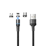 Кабель USB Rexant 3в1 со съемными магнитными портами, Type-С (2A), Lightning (2,4A), Micro USB (2A), 1,2м, в черной оплетке, с LED подсветкой