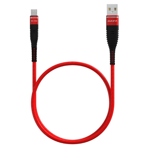 Кабель Maxvi MC-05M red USB-A - microUSB, 2A ток макс. нагрузки 2А, макс. напряжение 5V; стандарт USB 2.0; длина 1м, оплетка TPU, металлические корпуса разъемов, цвет красный