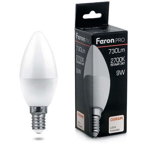 Лампа светодиодная Feron PRO LB-1309 9Вт Е14 теплый матовая свеча