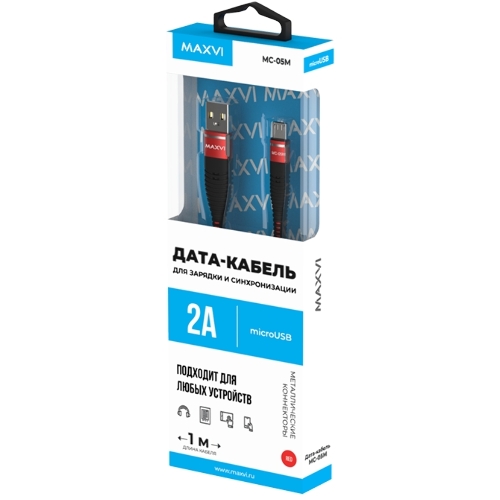 Кабель Maxvi MC-05M red USB-A - microUSB, 2A ток макс. нагрузки 2А, макс. напряжение 5V; стандарт USB 2.0; длина 1м, оплетка TPU, металлические корпуса разъемов, цвет красный