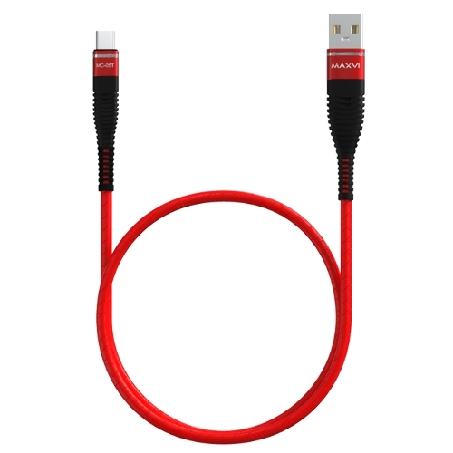 Кабель Maxvi MC-05T red USB-A - Type-C, 2A ток макс. нагрузки 2А, макс. напряжение 5V; стандарт USB 2.0; длина 1м, оплетка TPU, металлические корпуса разъемов, цвет красный