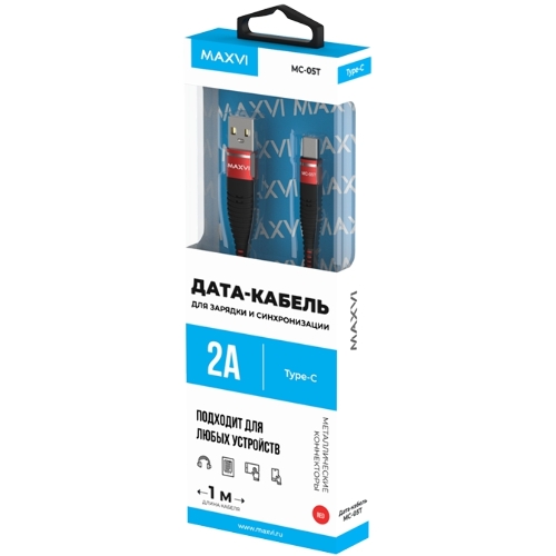 Кабель Maxvi MC-05T red USB-A - Type-C, 2A ток макс. нагрузки 2А, макс. напряжение 5V; стандарт USB 2.0; длина 1м, оплетка TPU, металлические корпуса разъемов, цвет красный