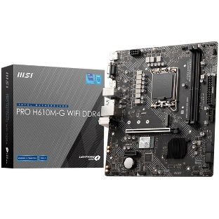 Материнская плата MSI PRO H610M-G WIFI DDR4, Socket LGA 1700, Intel H610, 2xDDR4, 4xSATA, 1xM.2, 1xPCIe 4.0 x16, 1xPCIe 3.0 x1, 1xHDMI, 1xDP, 1xVGA, 1x 1Gb LAN, 4xUSB-A 2.0, 2xUSB-A 5Gbps, 3x3.5 мм, 7.1, mATX