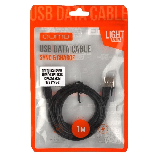 Кабель Qumo light series, USB-Type C, 1м, 5В, 1A, опл. PVC, кон. PVC, круглый, черный