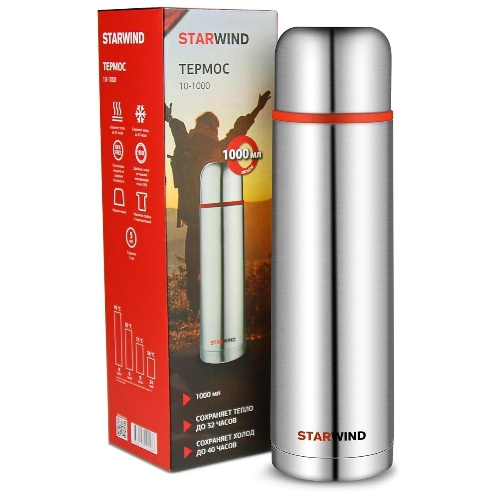Термос Starwind 10-1000 1 л. серебристый/красный, картонная коробка