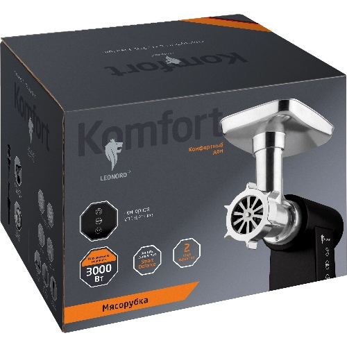 Мясорубка электрическая LEONORD LE-17705 Premium черный, 3000 Вт, 3.0 кг/мин, реверс, металлический лоток, насадки - 6