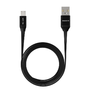 Кабель Maxvi MC-15M black, USB-A - microUSB, 2A ток макс. нагрузки 2А, макс. напряжение 5V; стандарт USB 2.0; плоский кабель, длина 1м, оплетка TPE, металлические корпуса разъемов, цвет черный