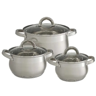 Набор посуды WEBBER BE-616/6 из нерж.стали 6 пр. 2,1 л, 2,9 л, 3,9 л со стеклянными крышками В наборе 6 предметов: кастрюля со стеклянной крышкой 16х10,5 см; 2,1 л кастрюля со стеклянной крышкой 18х11,5 см; 2,9 л кастрюля со стеклянной крышкой 20х12,5см; 3,9л Толщина стали 0,5 мм