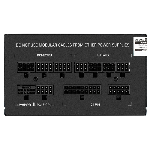 Блок питания 650W ExeGate 80 PLUS® GOLD 650VSP FС (ATX3.0, APFC, КПД 90% (80 PLUS Gold), 120мм fan, 24pin, 2x(4+4)pin, PCIE5.0/12VHPWR, 2xPCI-E, 6xSATA, 3xIDE, 1xFDD, Full Cable Management, black, Color box)