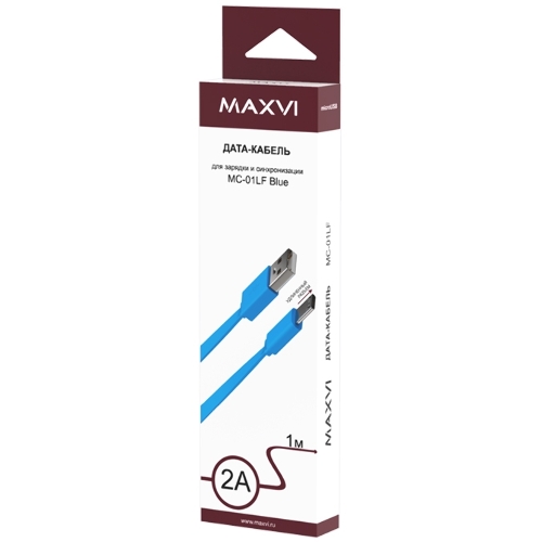 Кабель Maxvi MC-01LF blue USB-A - microUSB, 2A Плоский кабель, ток макс. нагрузки 2А, макс. напряжение 5V; стандарт USB 2.0; длина разъема microUSB 10 мм, длина 1м, материал PVC, синий